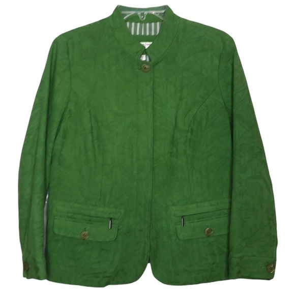 Coldwater CREEK - Spring Green 100% Cotton Damask Floral Button Front Blazer 12P - Picture 1 of 9